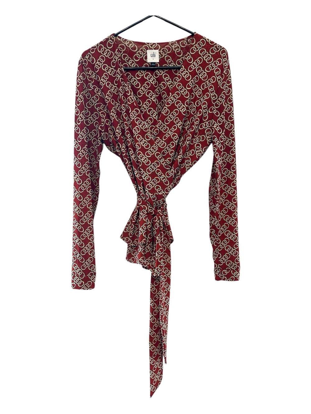 CAbi Burgundy Chain-Print Tie-Front Wrap Blouse Size Small